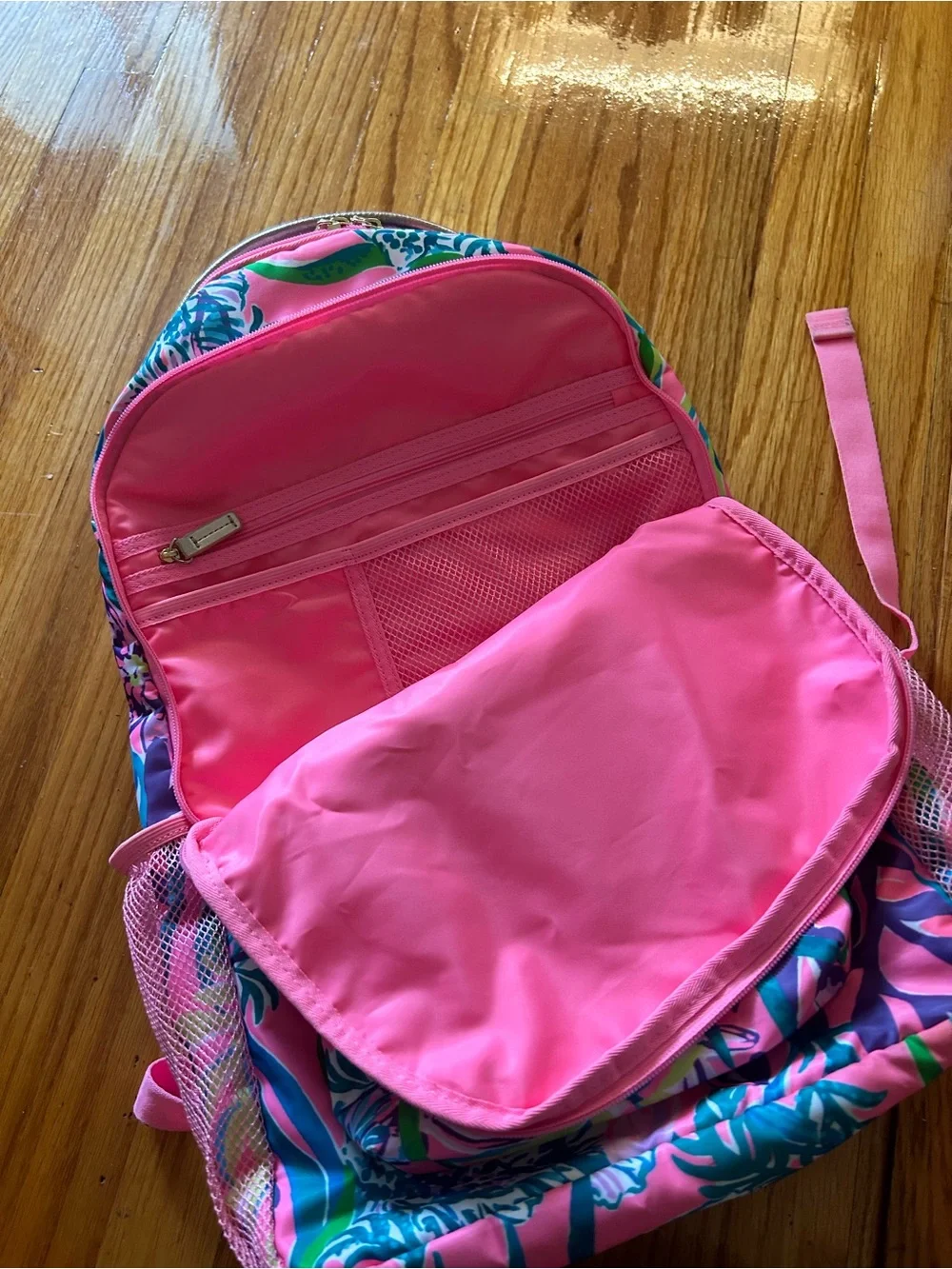 Lilly Pulitzer Pink Tropical Print Kids Backpack with Green & Blue Foliage
